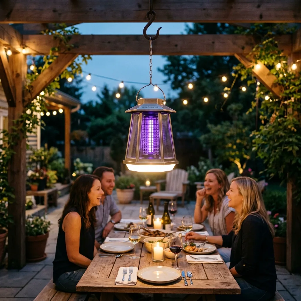 Family enjoying backyard patio dinner with BuzzKrush providing lighting and insect defense