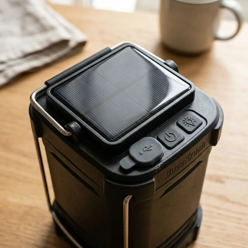 Top view of BuzzKrush solar panel and weather-sealed charging port