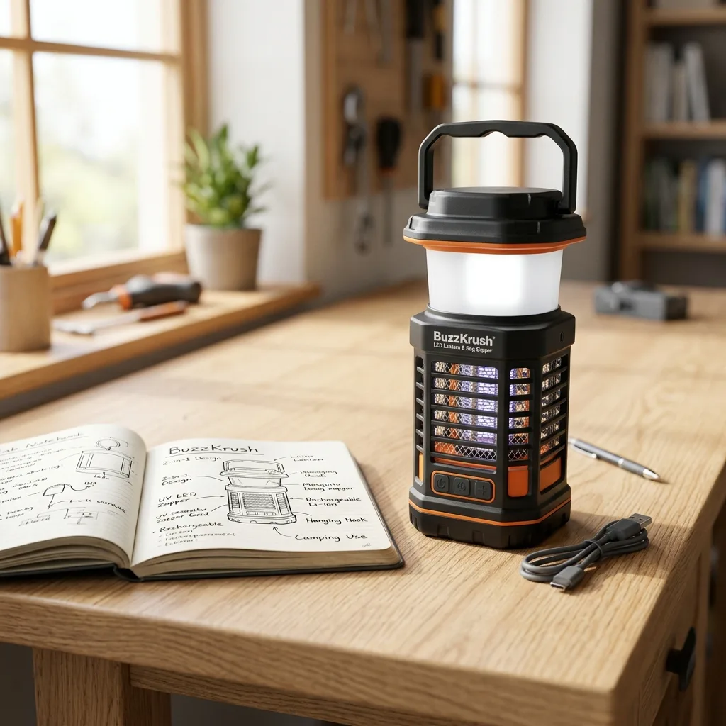 BuzzKrush portable solar bug zapper lantern ready for outdoor patio use