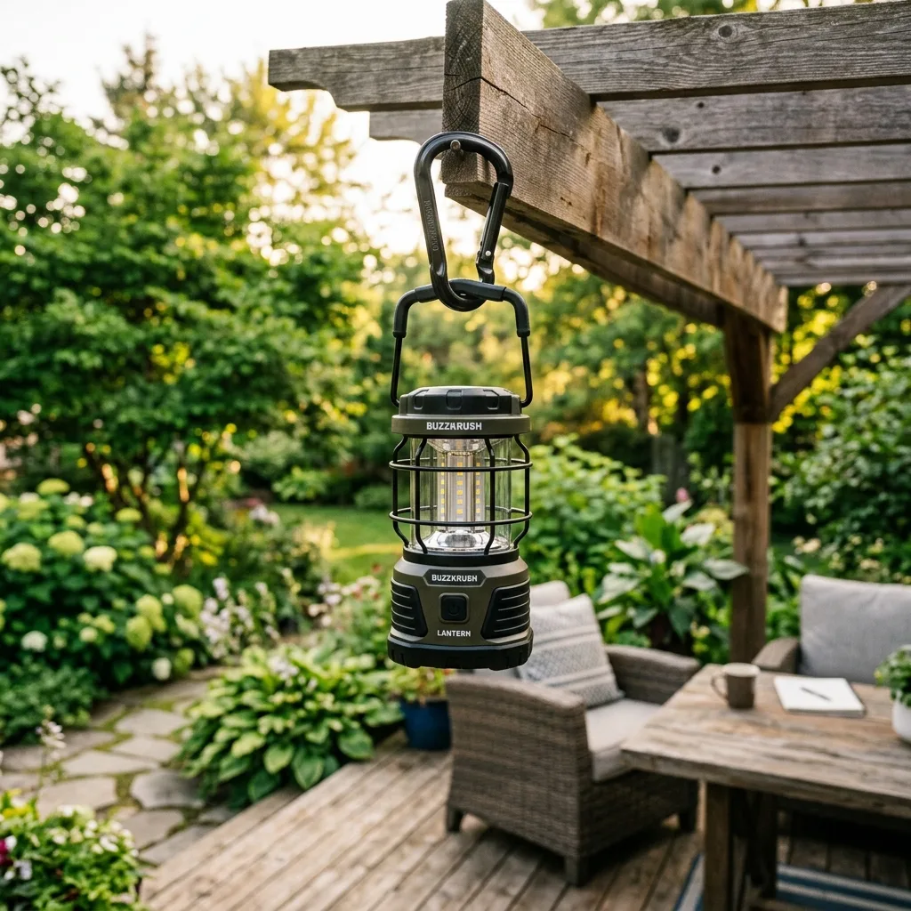 BuzzKrush hanging from outdoor pergola hook