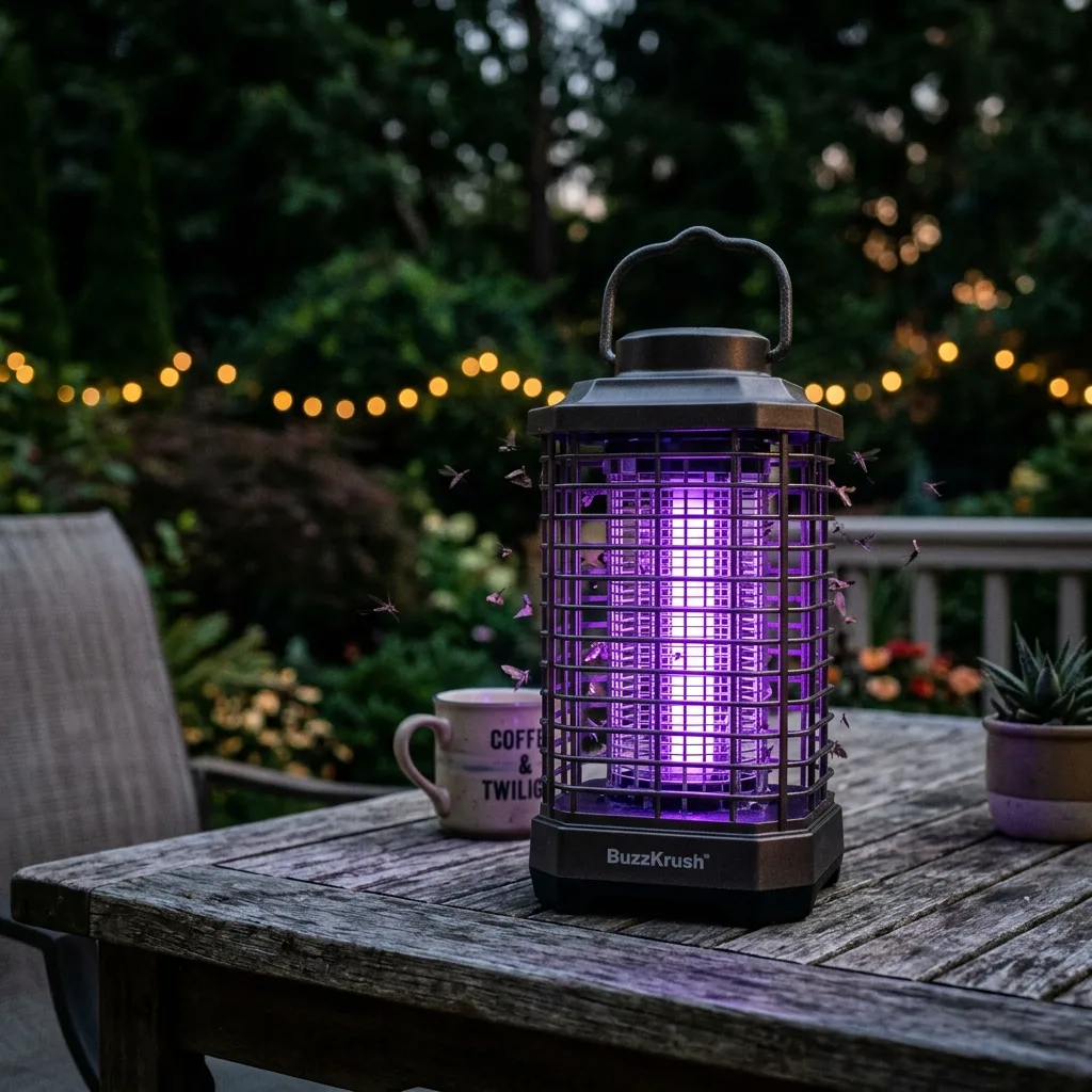 BuzzKrush glowing with warm lantern light and purple zapper array at dusk